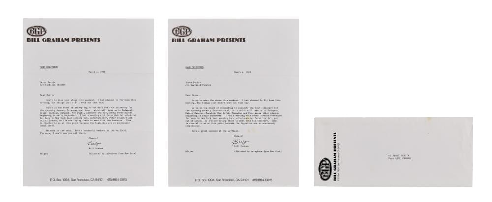 bill graham 1988 signed letters to jerry garcia and steve parish · Julien's Auctions · 2026-04-22 Bill Graham comparable auction result: bill graham 1988 signed letters to jerry garcia and steve parish