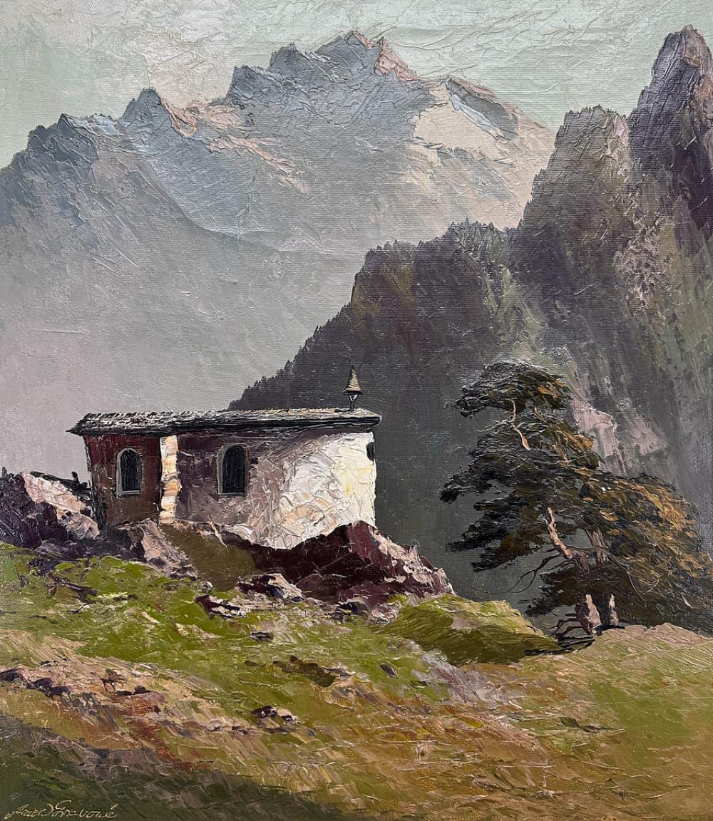 Georg Arnold-Graboné comparable auction result: georg arnold grabon 1896 1982 alpine chapel in front of a high mountain massif