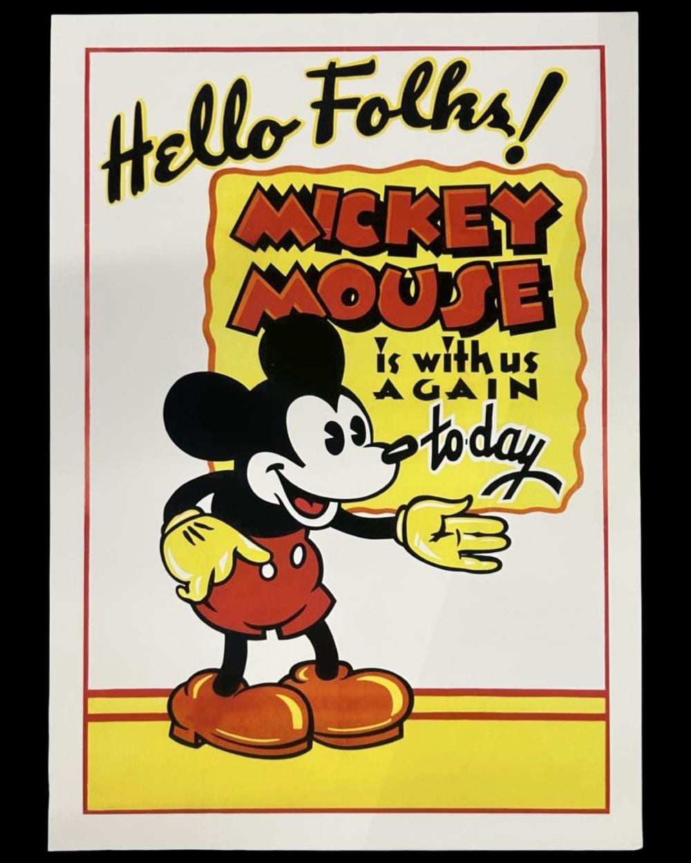 Mickey Mouse vintage-style movie poster with Mickey holding a thumbs-up, bold title text, and red-yellow border layout.
