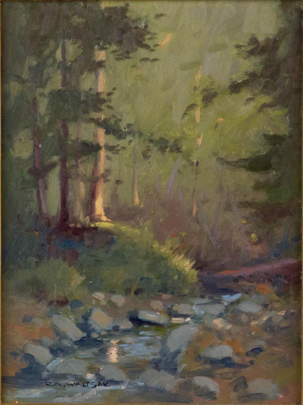 Robert A Waltsak comparable auction result: robert a waltsak american 1944 forest stream in roscoe ny oil on board