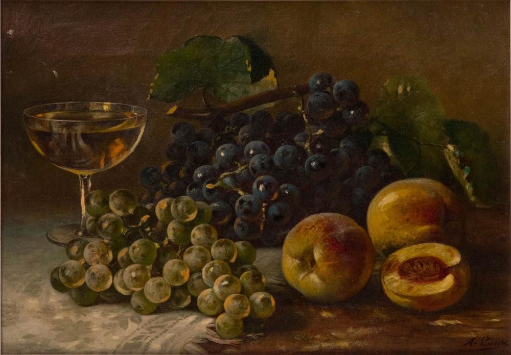August Laux comparable auction result: august laux 1847 1921 still life of grapes and beaches oil on canvas