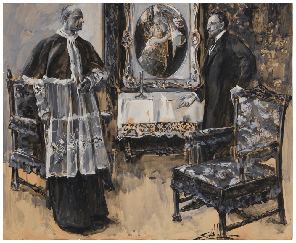 albert beck wenzell 1864 1917 a gentleman talking to a priest in a parlor a seated lady and gentleman double sided · John Moran Auctioneers · 2026-05-05 Albert Beck Wenzell comparable auction result: albert beck wenzell 1864 1917 a gentleman talking to a priest in a parlor a seated lady and gentleman double sided