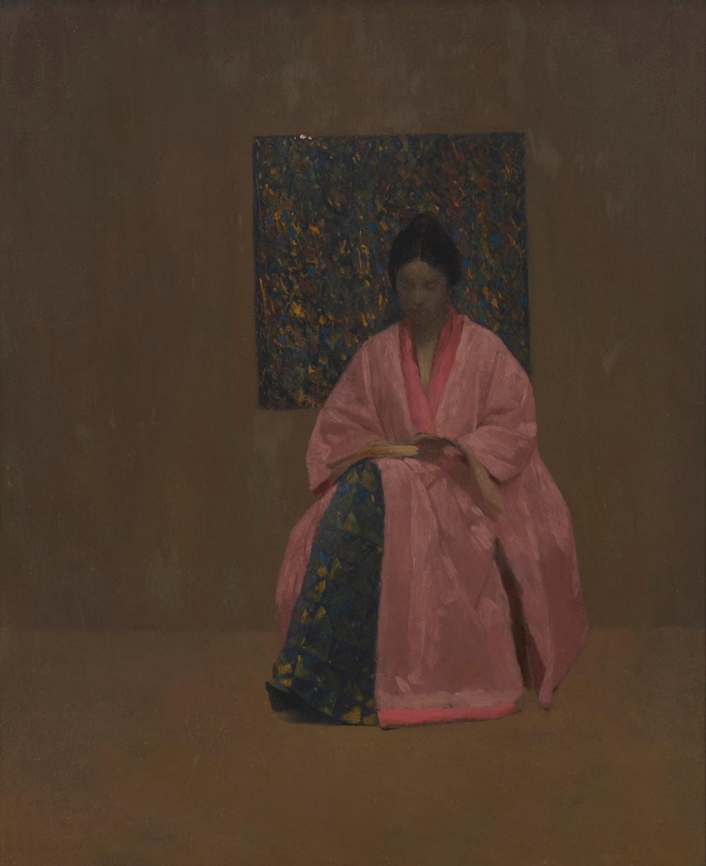 arthur frank mathews 1860 1945 portrait of lucia mathews in pink robe · John Moran Auctioneers · 2026-05-05 Arthur Frank Mathews comparable auction result: arthur frank mathews 1860 1945 portrait of lucia mathews in pink robe