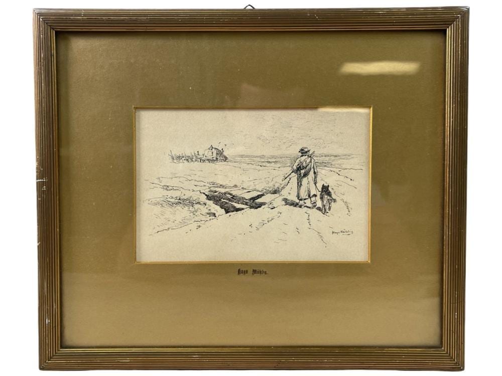 Hugo Mühlig comparable auction result: hugo m hlig framed etching of man with dog