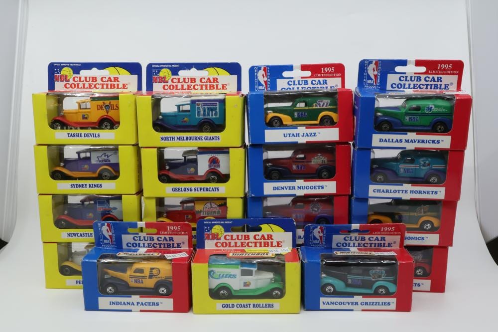 Rows of boxed diecast collectible cars with team logos and names, including basketball club car models like Utah Jazz and Dallas Mavericks.