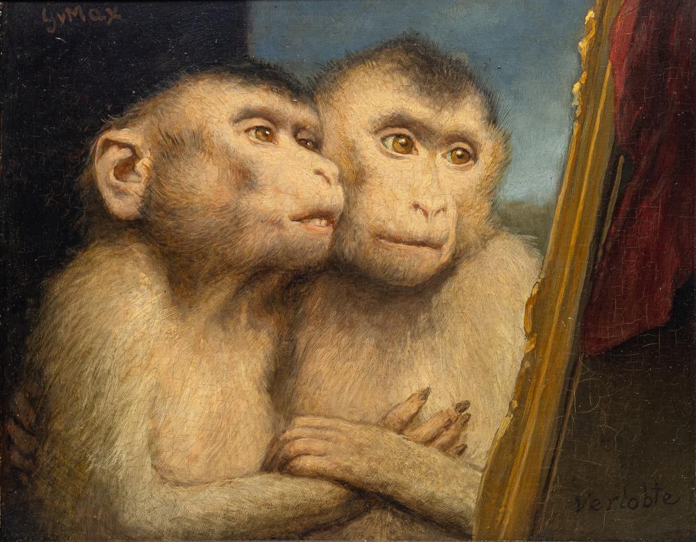 Oil painting of two monkeys embracing as they look into a mirror.