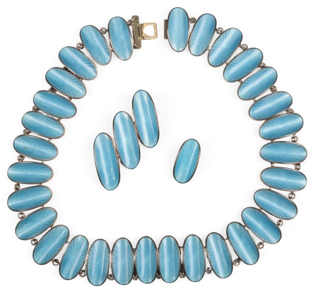 David Andersen comparable auction result: david andersen a silver and enamel demi parure norway mid 20th century