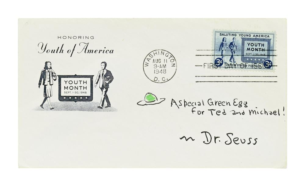 Theodor Geisel comparable auction result: dr seuss original signed sketch of a green egg on a fdc honoring america s youth