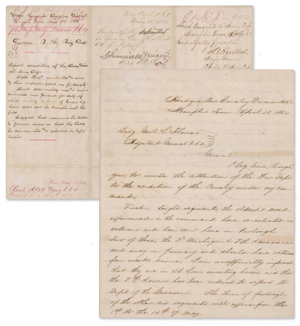 B.H. Grierson ALS Reporting Poor Condition of the Cavalry After Fort Pillow - w/ Signatures by W.S. Smith, S.A. Hurlbut, and Thomas Vincent sold by University Archives, lot 311 — auction record photograph