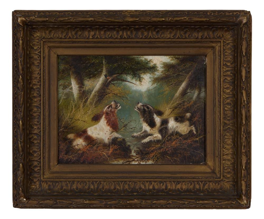 Edward Armfield comparable auction result: edward george armfield british 1817 1896 two spaniels chasing a pheasant h 11 3 4 in w 16 in framed h 20 1 2 in w 25 in