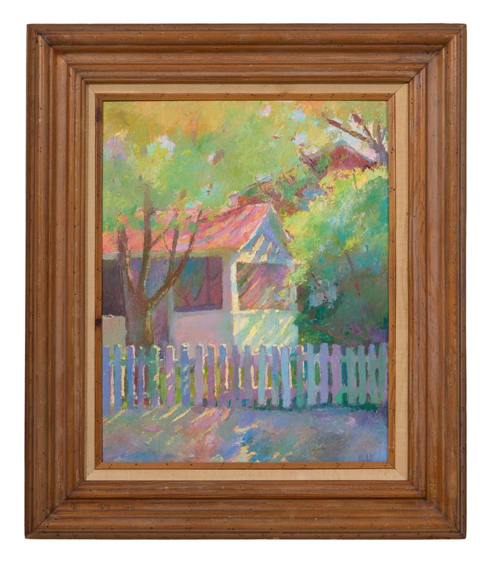 Hilda Neily comparable auction result: hilda neily american cape cod school b 1947 light dappled cottage with picket fence h 20 in w 16 in framed h 28 in w 24 in