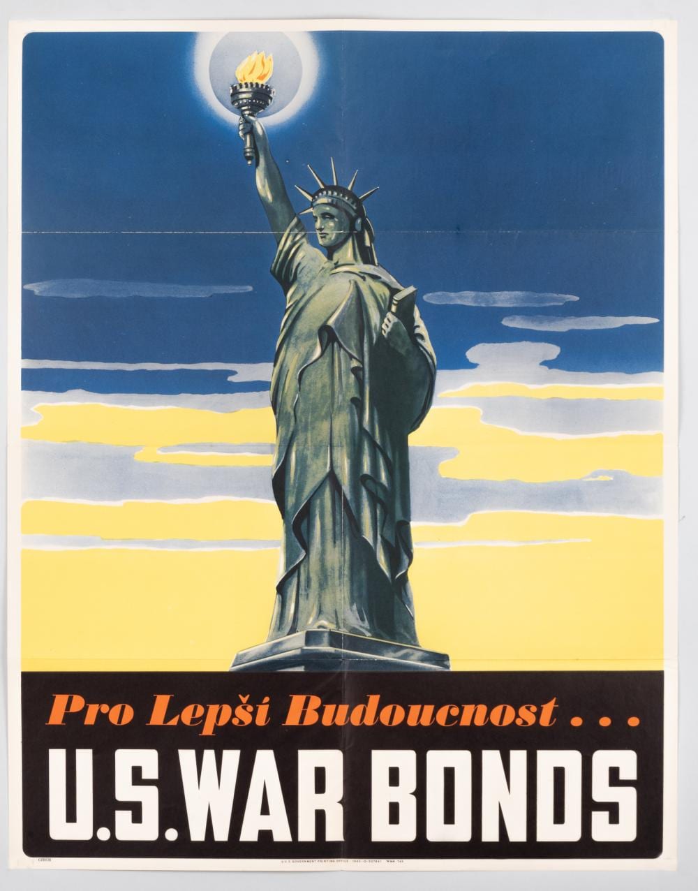 WWII-style propaganda poster showing the Statue of Liberty holding a torch with a flame above her head against blue sky and yellow landscape; large text at the底