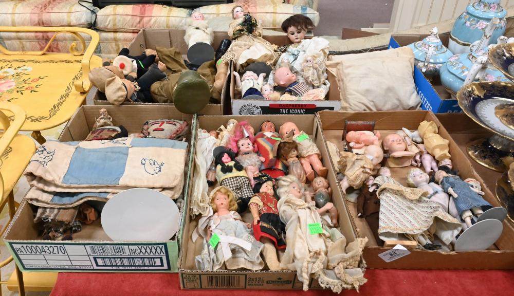 Six Box Lots of German Bisque and Vintage Dolls, to include examples with molded and painted hair, glass sleep eyes, and jointed composition bodies. Several smaller dolls including googly-eye types, baby dolls, and sh... sold by Nadeau's Auction Gallery, lot 84 — auction record photograph