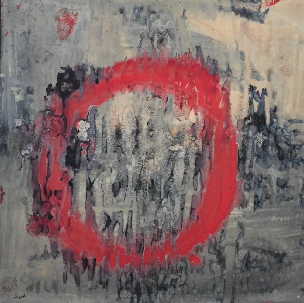 Jamali comparable auction result: jamali pakistani american b 1944 abstract red circle composition watercolor on paper signed lower left jamali 28 x 28 provenance jamali art and peace inc 2 20 2006