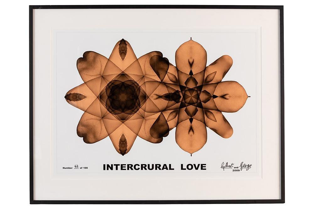 GILBERT & GEORGE (XX - XXI) Gilbert & George signed and numbered print "Intercrural Love" - dated 2009 in the print sold by DVC, lot 754 — auction record photograph