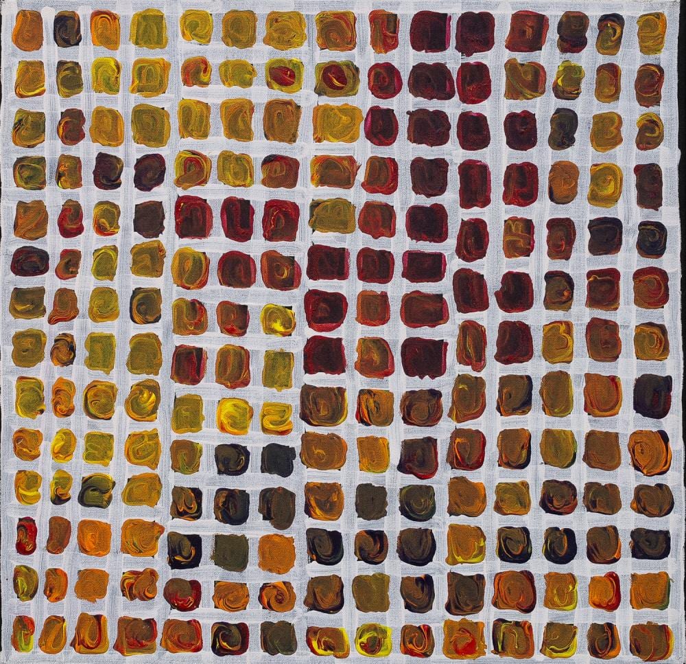 Carbiene McDonald Tjangala comparable auction result: carbiene mcdonald tjangala four dreamings acrylic on canvas 41cm x 42cm