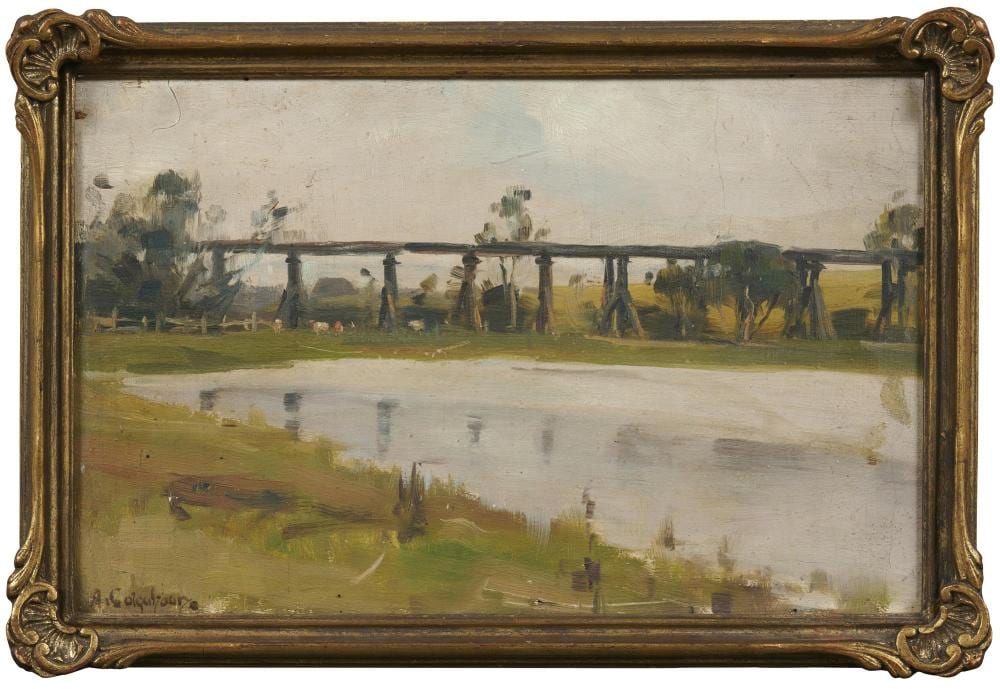 Alexander Colquhoun comparable auction result: alexander colquhoun 1862 1941 a bridge across river flats oil on plywood panel 24 5 x 38 5cm