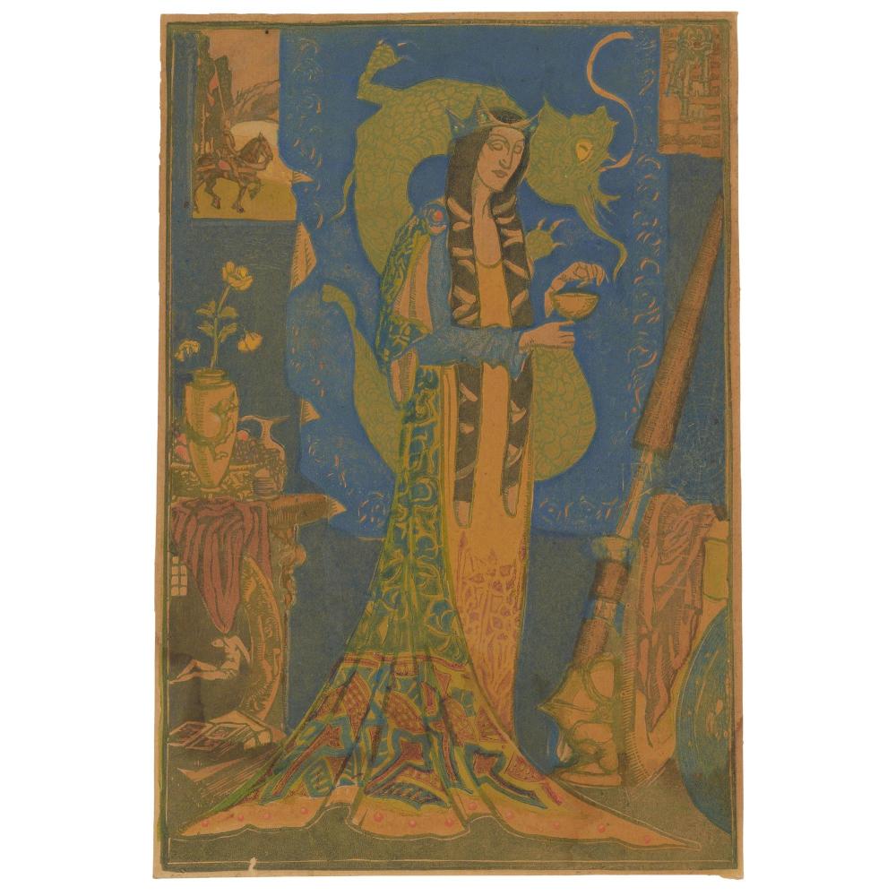 Christian Waller comparable auction result: christian waller n e yandell 1894 1954 morgan le fay linocut printed in colours 26 8 x 18cm image borderline the sheet slig
