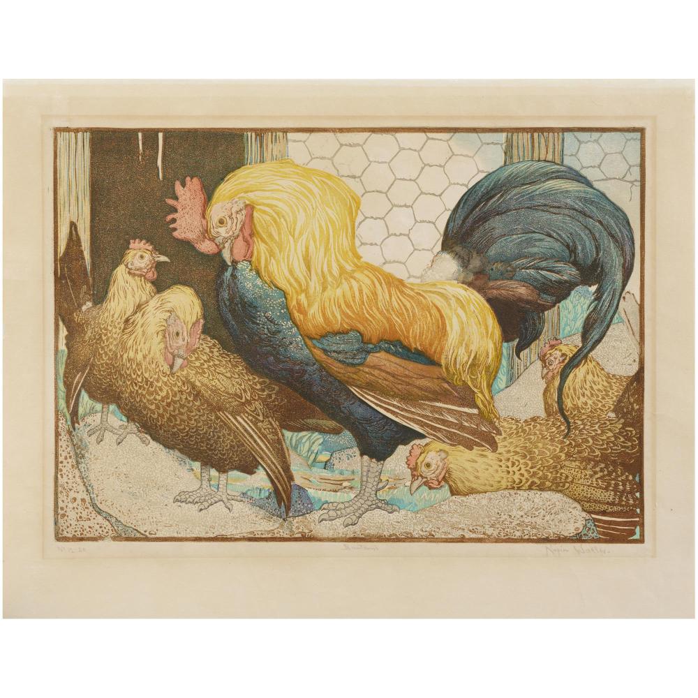 Napier Waller comparable auction result: mervyn napier waller 1894 1972 bantams linocut printed in colours 27 5 x 39cm matrix 36 x 46cm sheet
