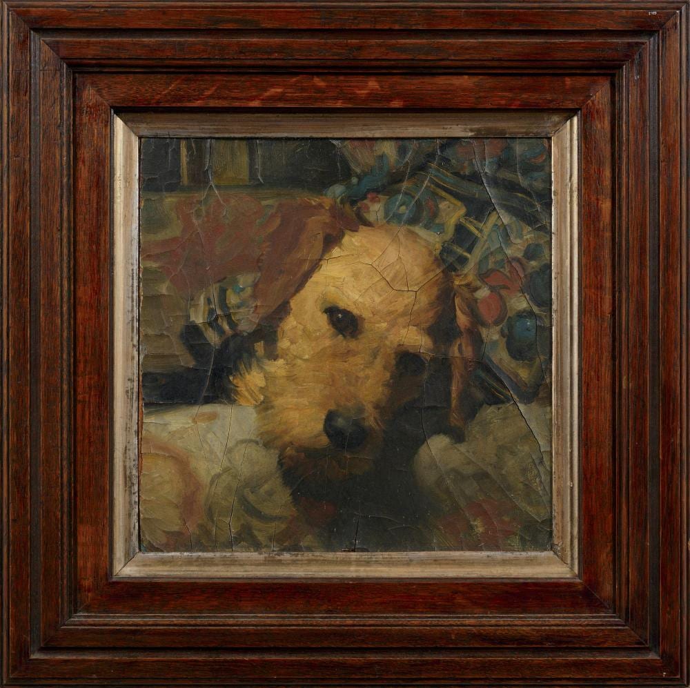 Napier Waller comparable auction result: mervyn napier waller 1894 1972 a portrait study of an airedale terrier in an interior oil on paper laid down on card 28 5 x 28 5cm