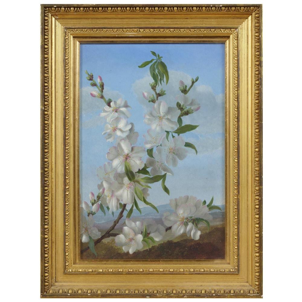 Ellis Rowan comparable auction result: ellis rowan 1848 1922 a spray of almond blossom with a landscape beyond oil on board 27 x 18cm