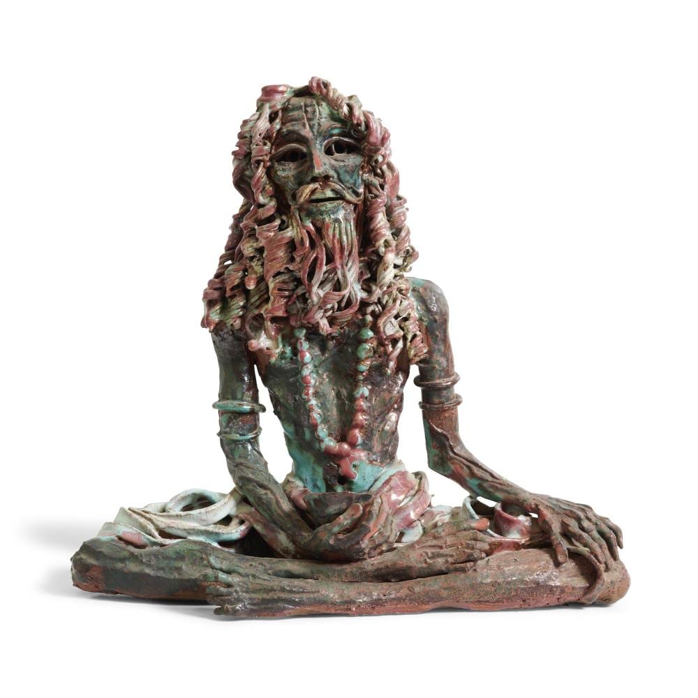 greg irvine b 1947 a figure of a seated mendicant glazed earthenware 30cm high 33cm wide · Leonard Joel · 2026-05-03 Greg Irvine comparable auction result: greg irvine b 1947 a figure of a seated mendicant glazed earthenware 30cm high 33cm wide