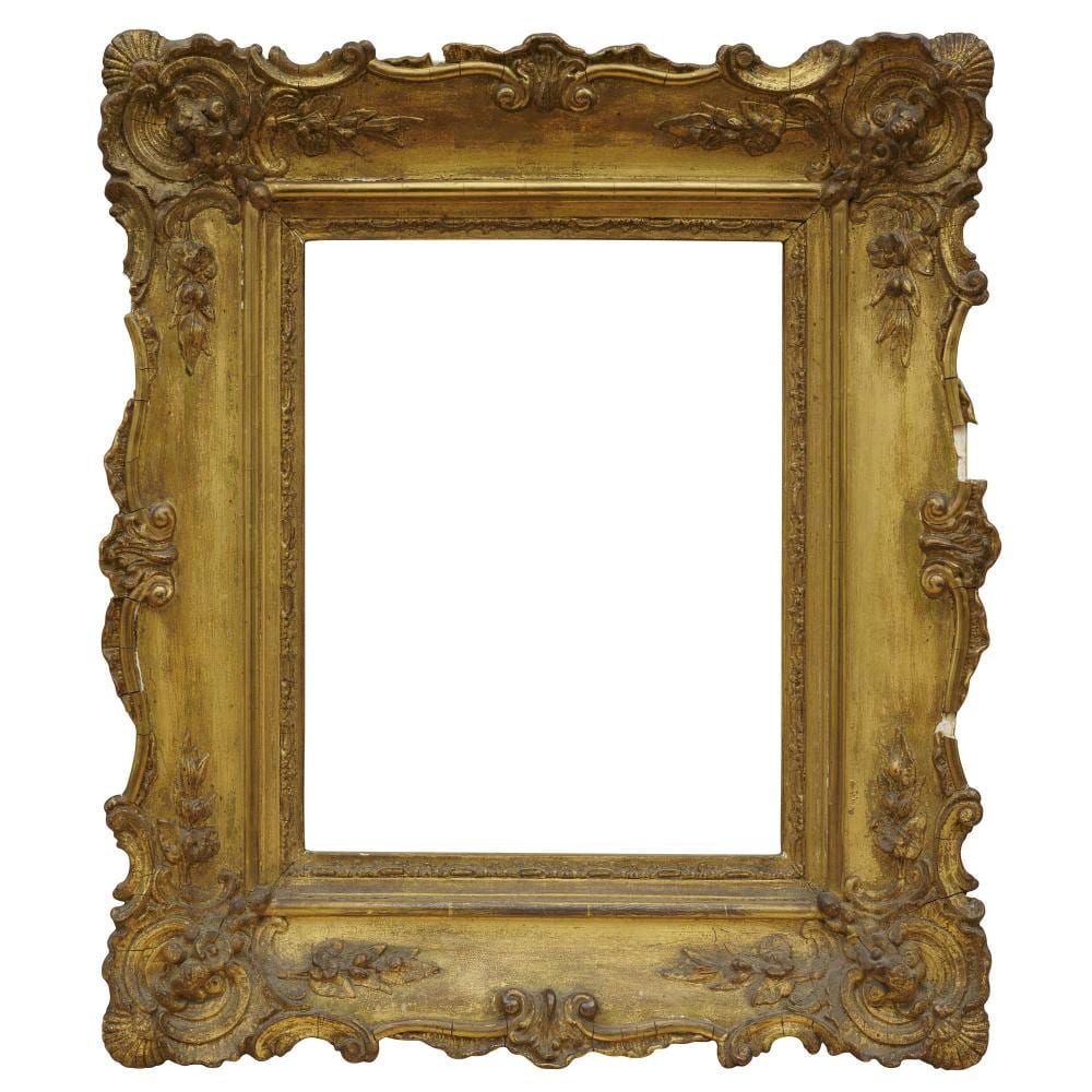 Gilt and carved antique picture frame with ornate scrollwork around a blank rectangular opening.