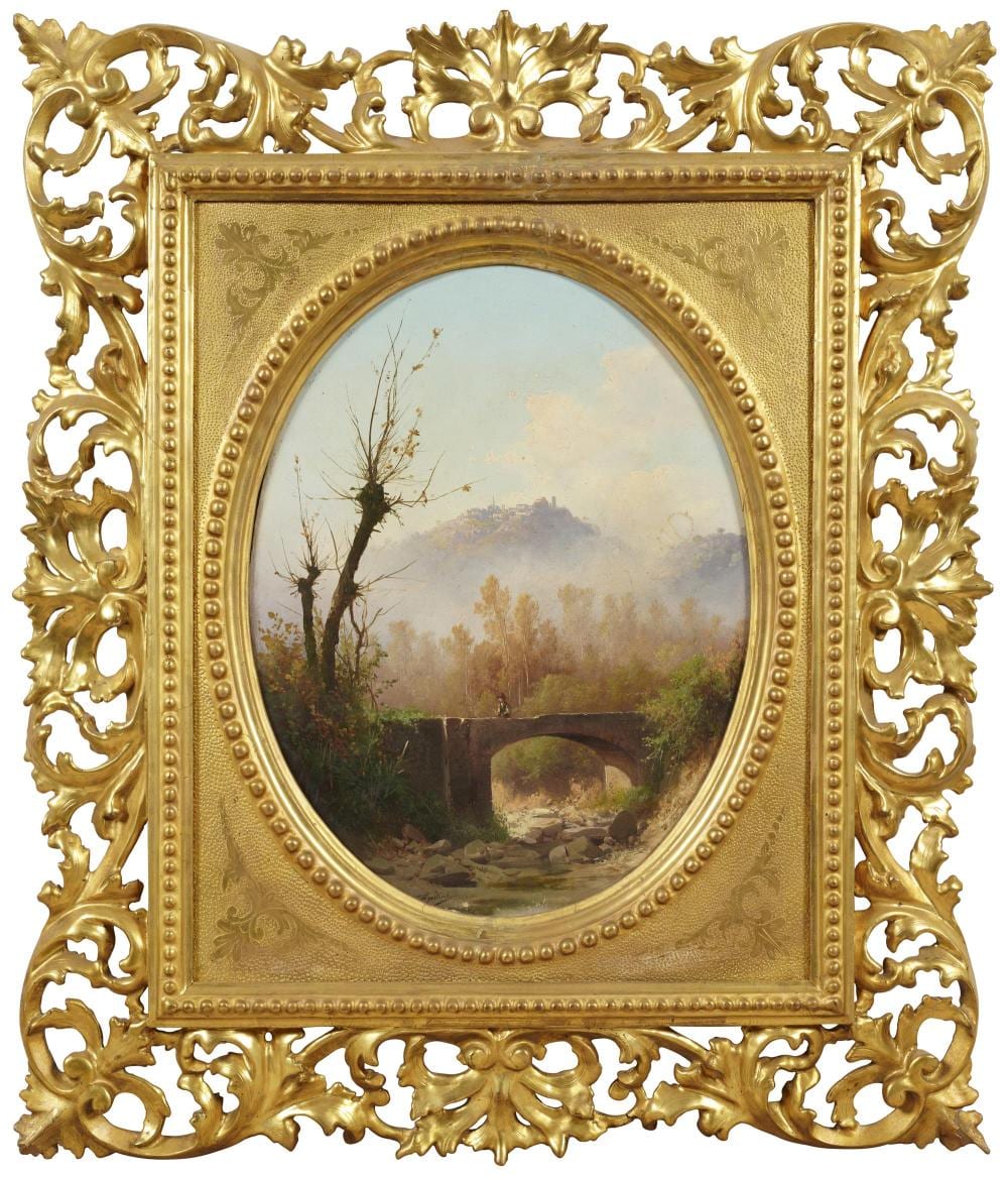Guido Agostini comparable auction result: guido agostini active 1865 1898 an italian landscape with a figure on a bridge and a hilltown beyond oil on board 32 x 25cm oval