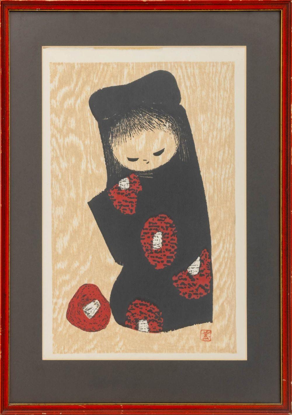 Kaoru Kawano comparable auction result: kaoru kawano girl and red camellia woodcut