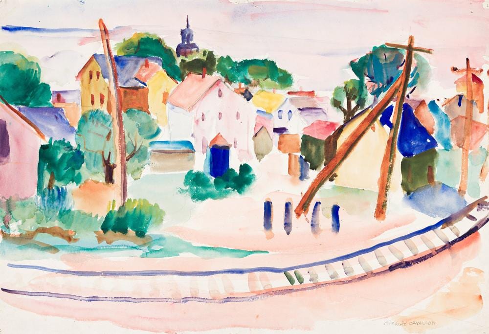 Giorgio Cavallon comparable auction result: giorgio cavallon village and railroad tracks watercolor on paper