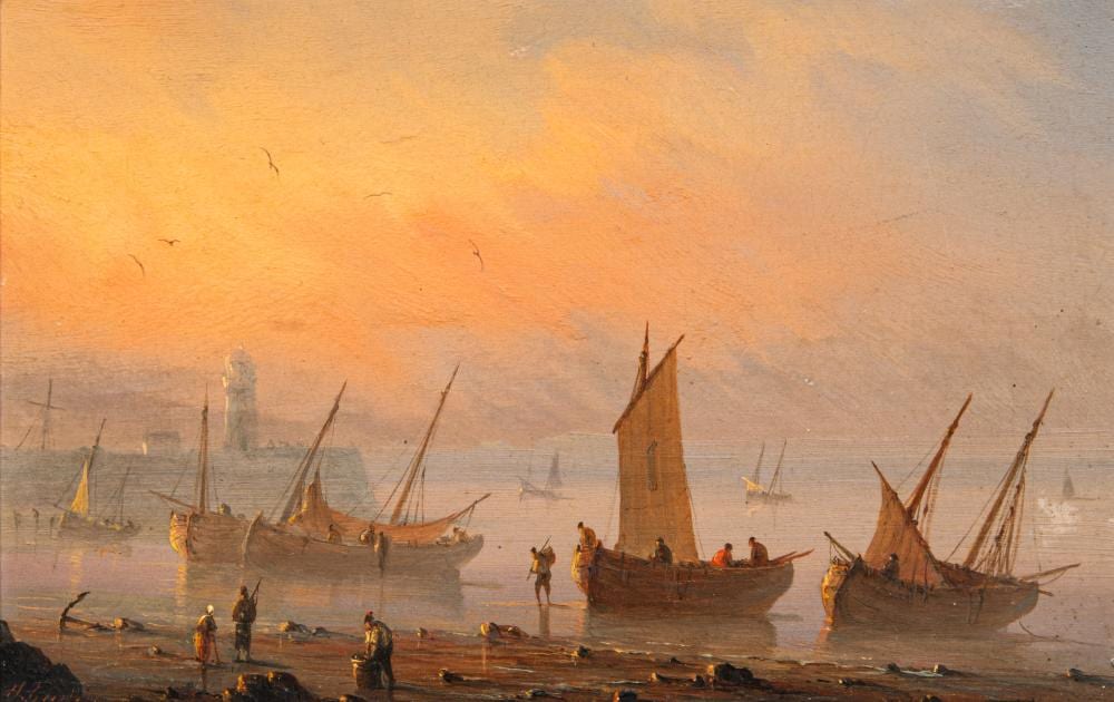 Henriette Gudin comparable auction result: henriette herminie gudin 1825 fishing boats at dusk oil on panel 13 5 x 21 cm 5 30 x 8 26 in frame 25 x 32 5 cm 9 83 x 12 80 in