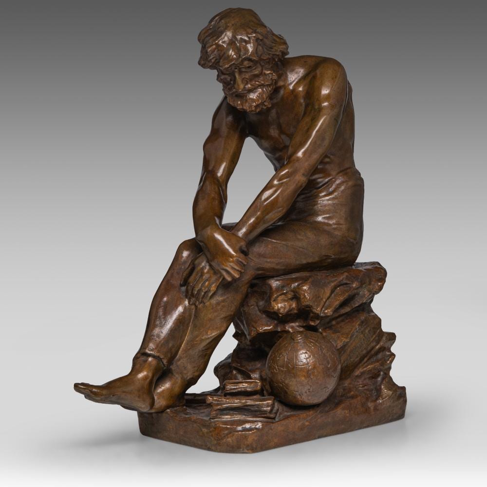 jef lambeaux 1852 1908 sitting atlas brown patinated bronze 49 cm 19 28 in · Carlo Bonte Auctions · 2026-05-21 Jef Lambeaux comparable auction result: jef lambeaux 1852 1908 sitting atlas brown patinated bronze 49 cm 19 28 in