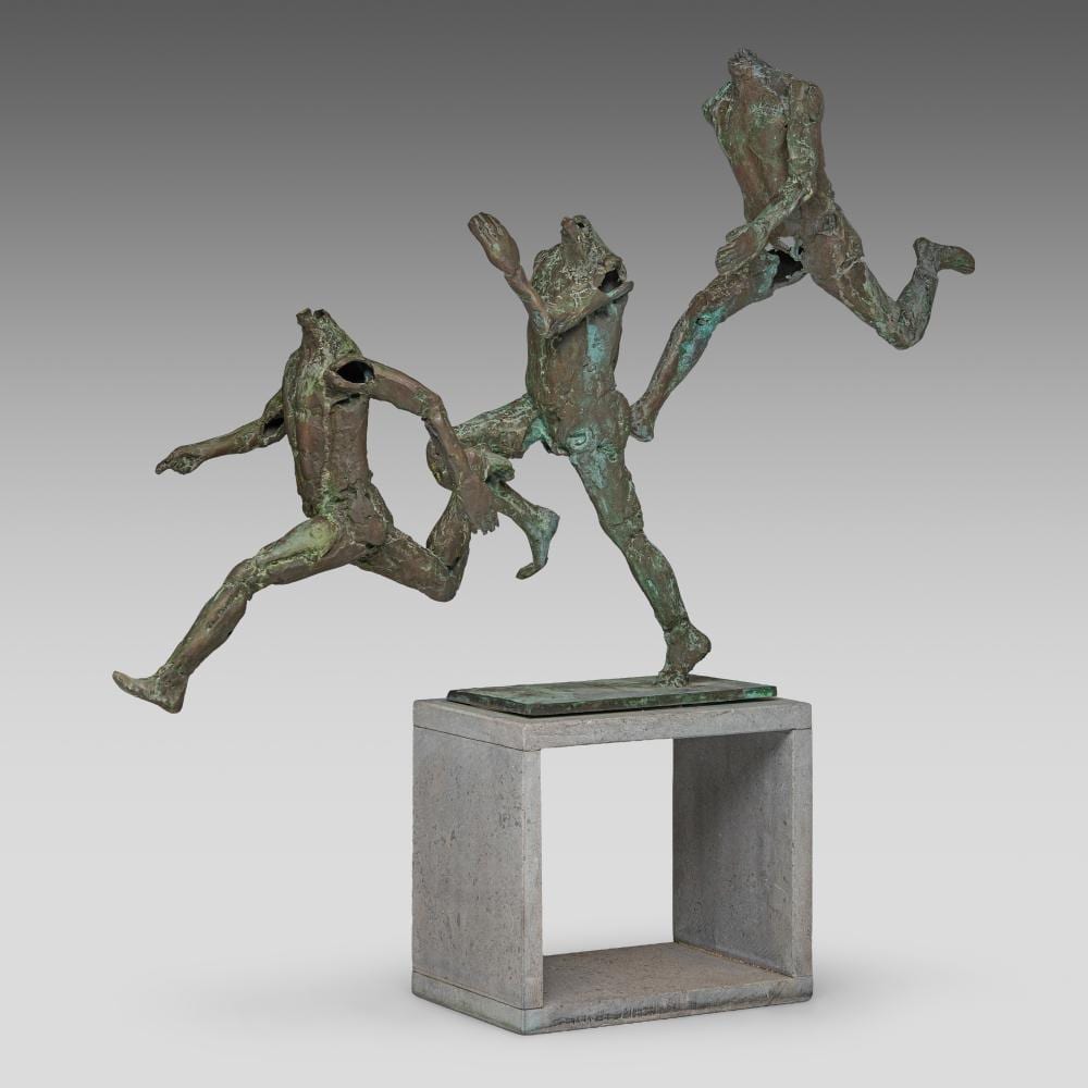 Jan Desmarets comparable auction result: jan desmarets 1961 three runners patinated bronze on a belgian bluestone stand n 5 8 h 78 5 cm total