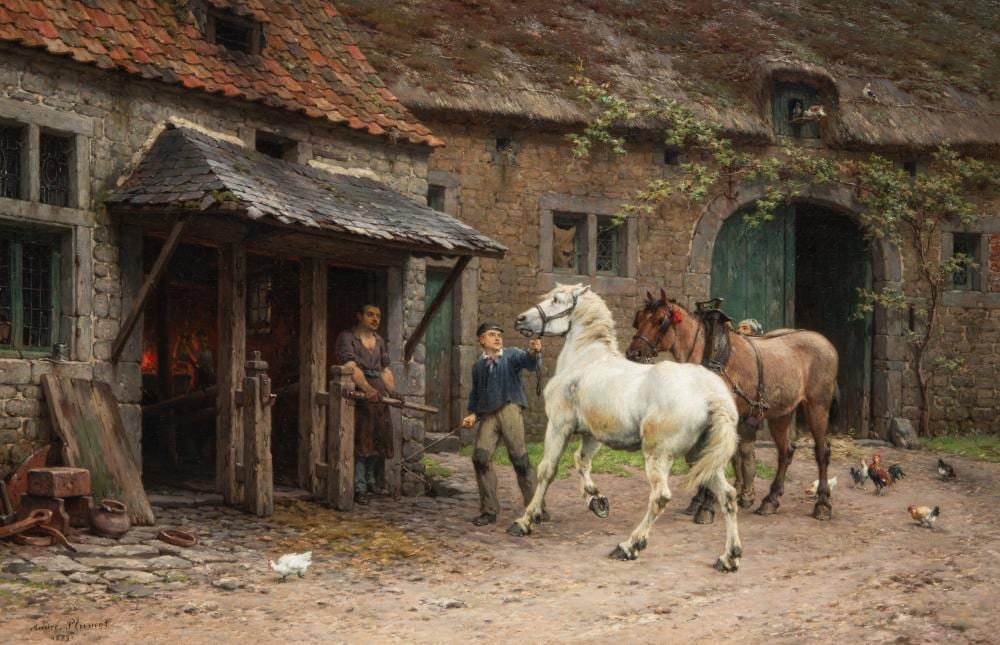 André Plumot comparable auction result: andr plumot 1829 1906 groom bringing two horses to the stable 1883 oil on canvas 67 x 100 cm 26 37 x 39 36 in frame 76 x 111 cm 29 92 x 43 70 in