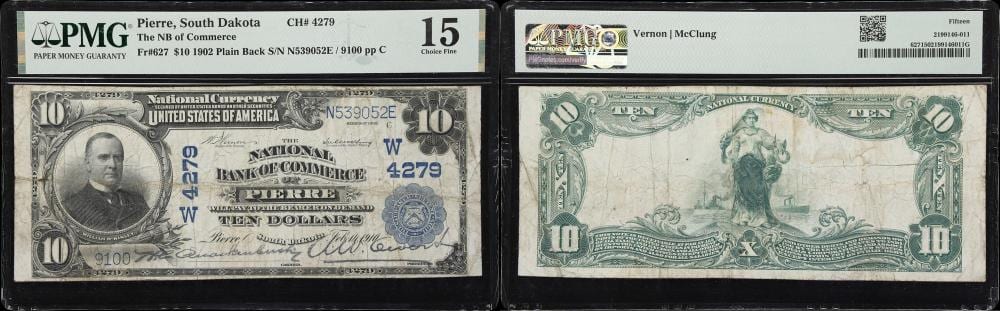 Pierre Jacques Volaire comparable auction result: pierre south dakota 10 1902 plain back fr 627 nb of commerce charter 4279 pmg choice fine 15