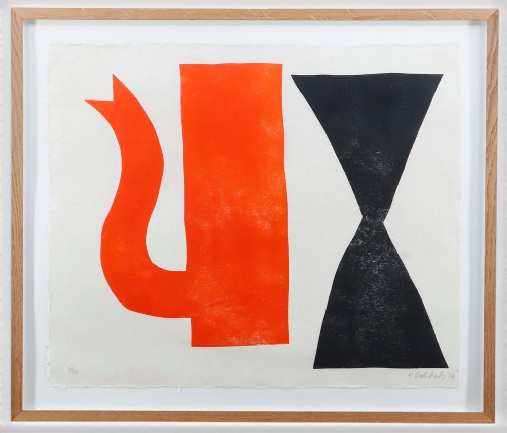 Klaas Gubbels comparable auction result: klaas gubbels bor 1934 composition with orange coffee pot signed and dated 14 bottom right and numbered 4 40 bottom left woodcut on handmade paper 60 x 73 cm