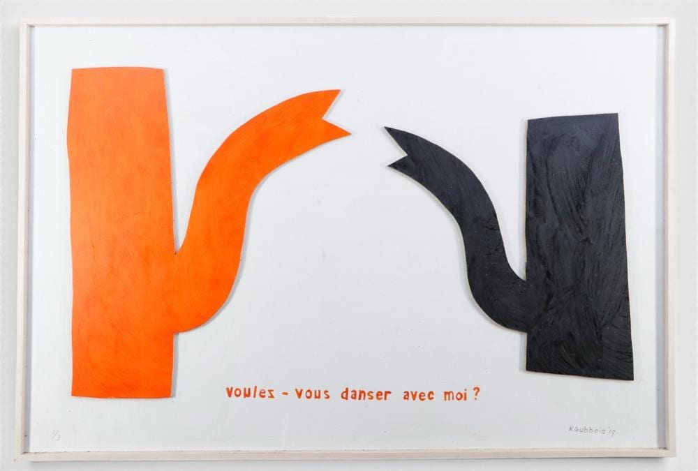 Klaas Gubbels comparable auction result: klaas gubbels b 1934 voulez vous dansez avec moi assemblage sawn plywood signed and dated 19 bottom right 100 x 150 cm