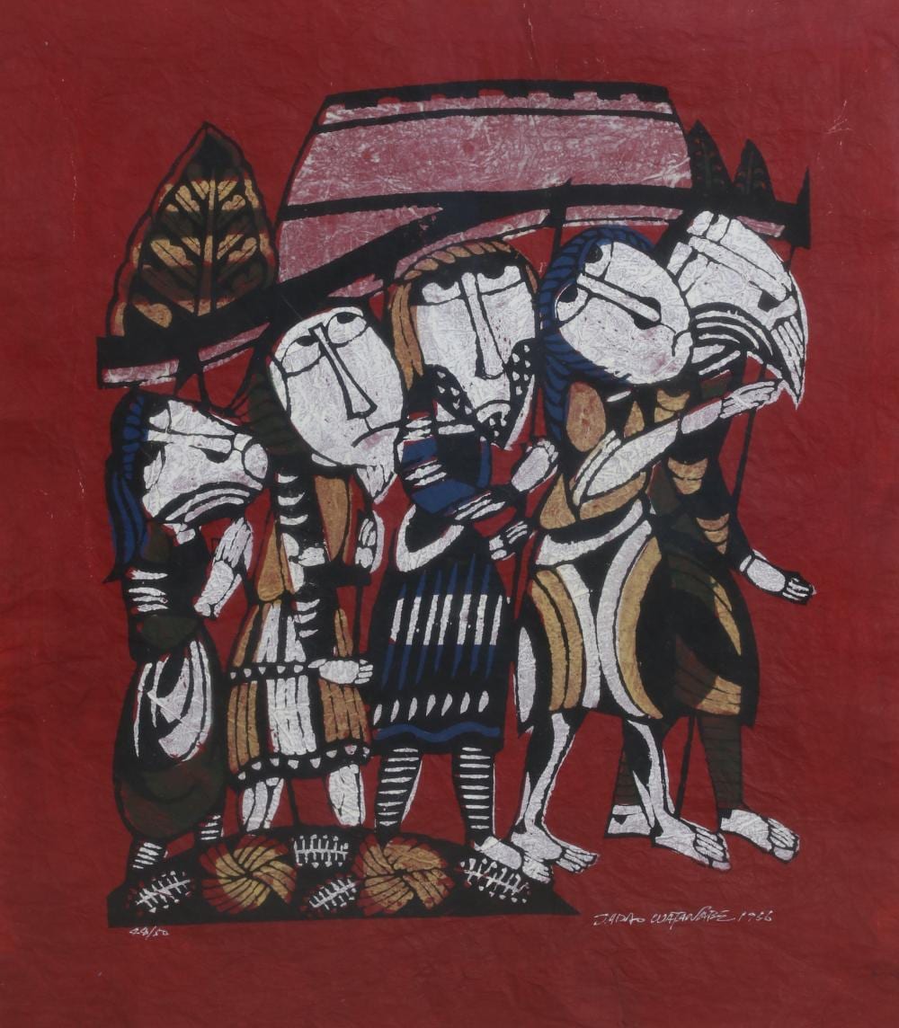 Sadao Watanabe comparable auction result: sadao watanabe japanese 1913 1996 walls of jericho 1966 wood cut in colors on hand made paper 26 x 23in 66 x 58 5cm