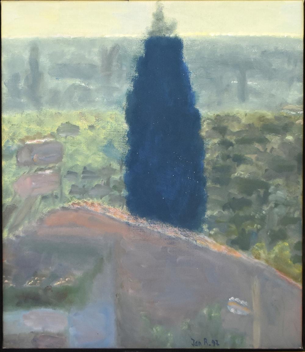 Jan Rauchwerger comparable auction result: jan rauchwerger signed and dated oil on panel landscape israeli cypress tree