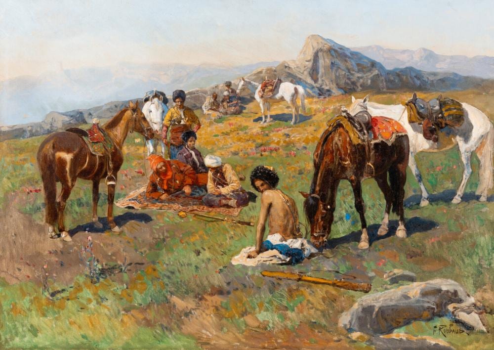 franz roubaud ukrainian 1856 1928 circassian horsemen resting on a high plateau · Freeman’s · 2026-05-12 Franz Roubaud comparable auction result: franz roubaud ukrainian 1856 1928 circassian horsemen resting on a high plateau