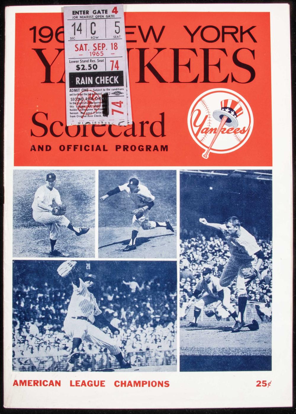 September 18, 1965 "Mickey Mantle Day" Yankees scorecard and (2) ticket stubs. sold by Hunt Auctions, lot 142 — auction record photograph