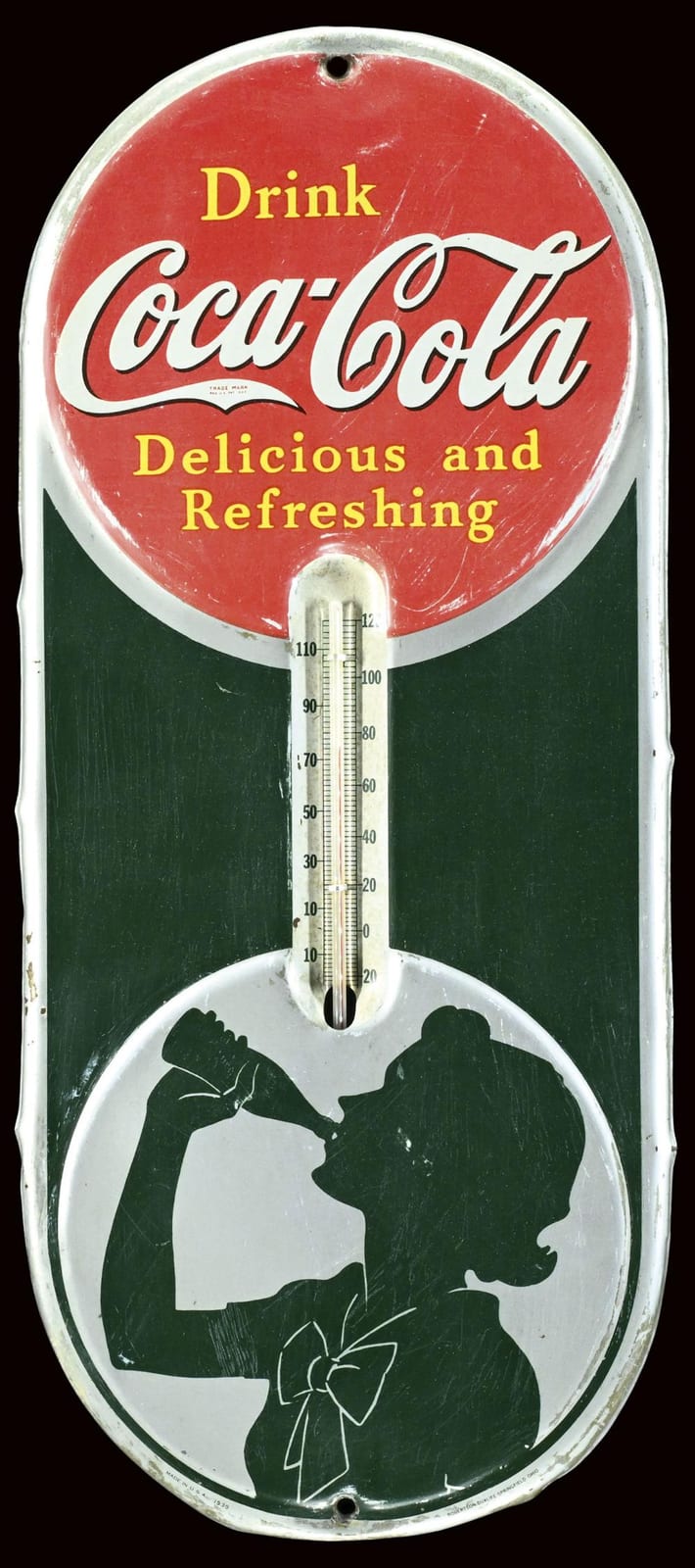 Vintage red and green Coca-Cola drink tin sign with a thermometer graphic and silhouettes of people holding bottles.