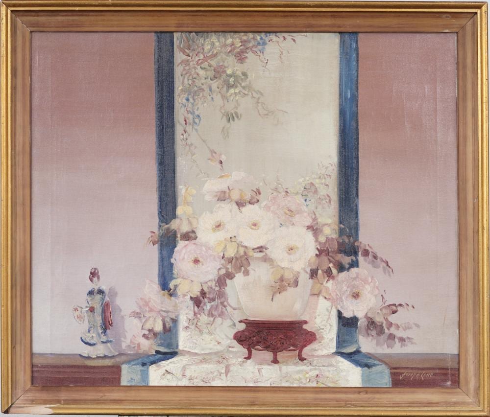 Joseph Lane comparable auction result: joseph lane b 1900 signed vintage american impressionist flower still life interior oil painting