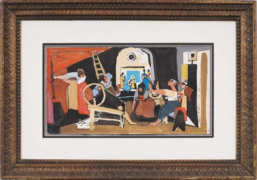 agnes mills 1915 2008 wpa cubist tableau the spinners after velazquez egg tempura on paper · Curated Gallery Auctions · 2026-05-03 Agnes Mills comparable auction result: agnes mills 1915 2008 wpa cubist tableau the spinners after velazquez egg tempura on paper