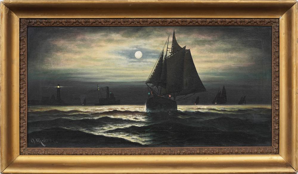 A. Millrose comparable auction result: andrew millrose 19th c moonlit fishing boats nocturnal seascape busy lighthouse harbor oil painting