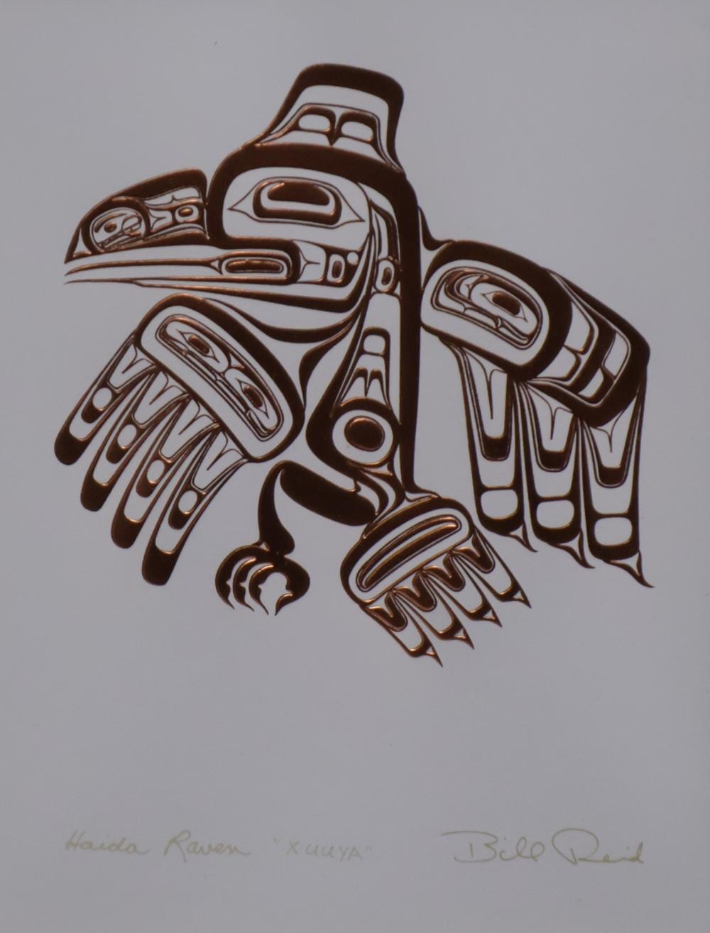 Bill Reid comparable auction result: bill reid copper art print haida raven xuuya signed and titled lower with artist details to verso approx 19cm x 14cm