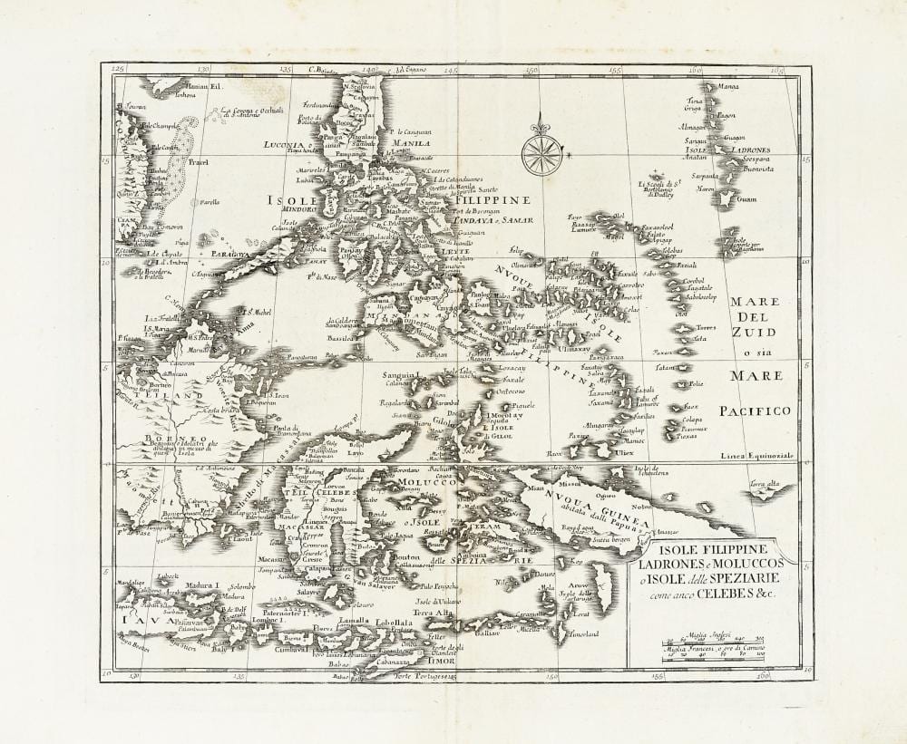 Guillaume De L'Isle comparable auction result: guillaume de l isle isole filippine ladrones e moluccos o isole delle speziarie come anco celebes c india di la del fiume ganges 1740
