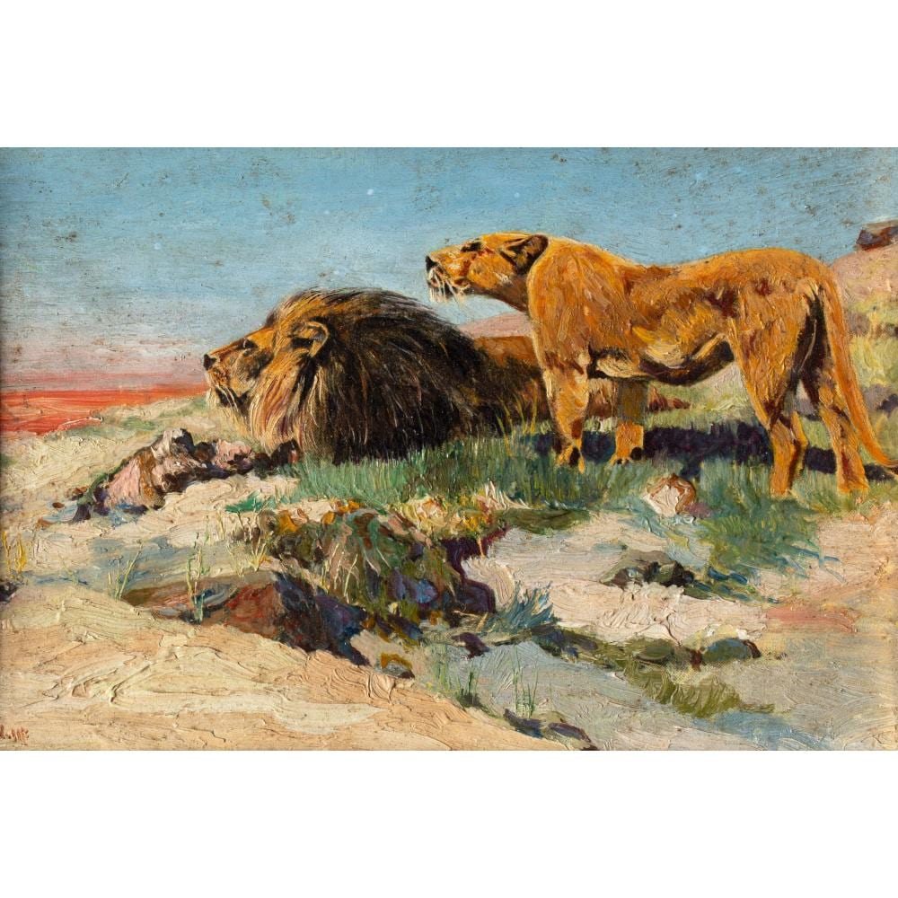 Wilhelm Kuhnert comparable auction result: wilhelm kuhnert 1865 1926 after a pair of lions peering in the steppe