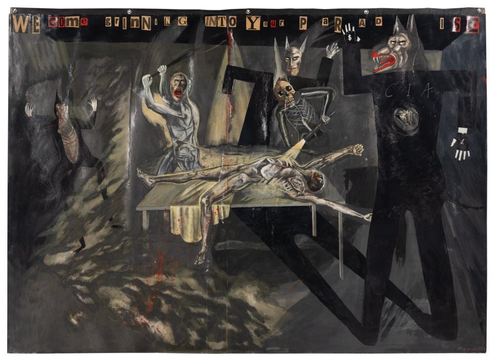 Sue Coe comparable auction result: sue coe british b 1951 we come grinning into your paradise 1982