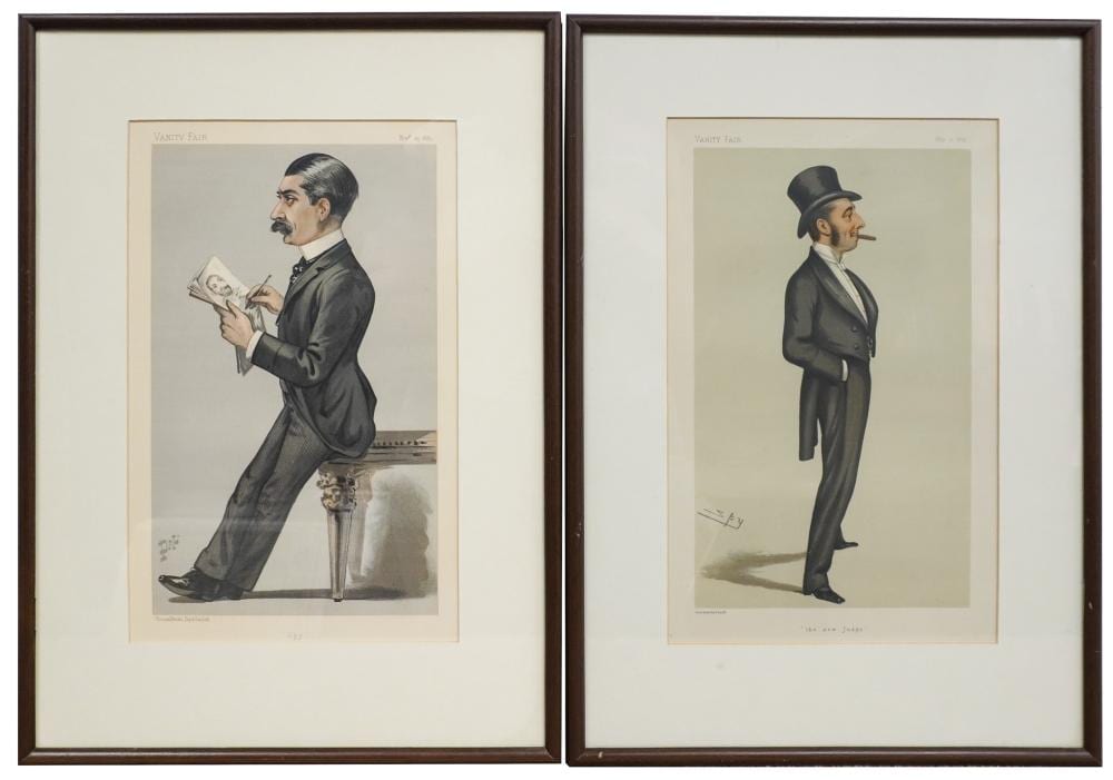 After Sir Leslie Matthew Ward (British 1851 - 1922), 'Spy' and ' The New Judge', Two Vanity Fair Caricatures, Each a Lithograph in Color, Frame of Each: 20 x 14 in. (50.8 x 35.6 cm.) sold by Weschler's, lot 660 — auction record photograph
